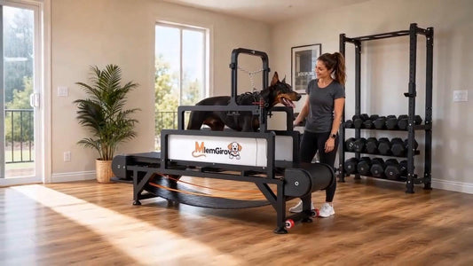 A Doberman on a MlemGirove slatmill in a home gym with its owner beside it