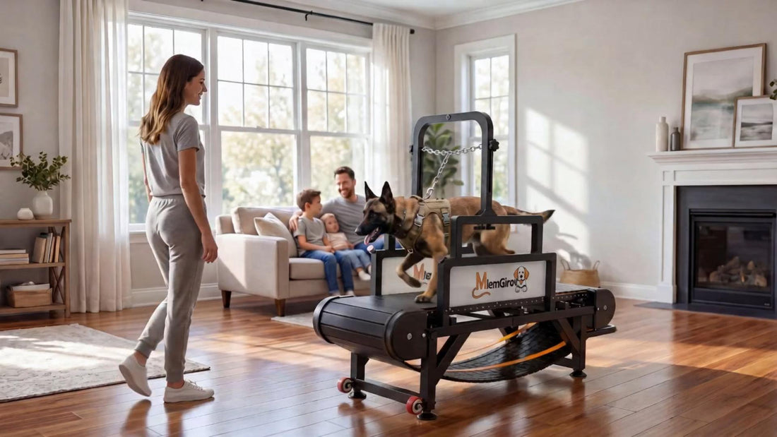 A Belgian Malinois on a non-motorized MlemGirove slatmill in a family living room