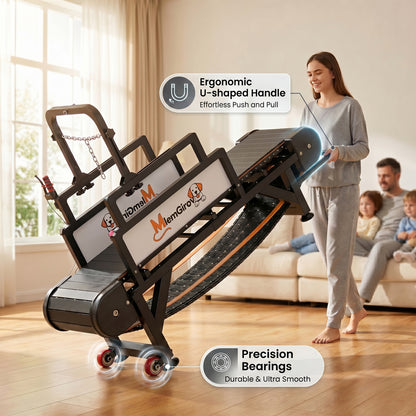 Woman folding and pulling the MlemGirove dog treadmill by its ergonomic U-shaped handle on smooth-rolling wheels, family in the background