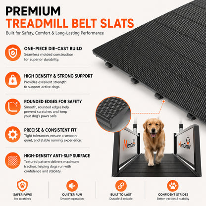 Close-up of the MlemGirove dog treadmill's die-cast anti-slip belt slats with rounded edges for paw safety