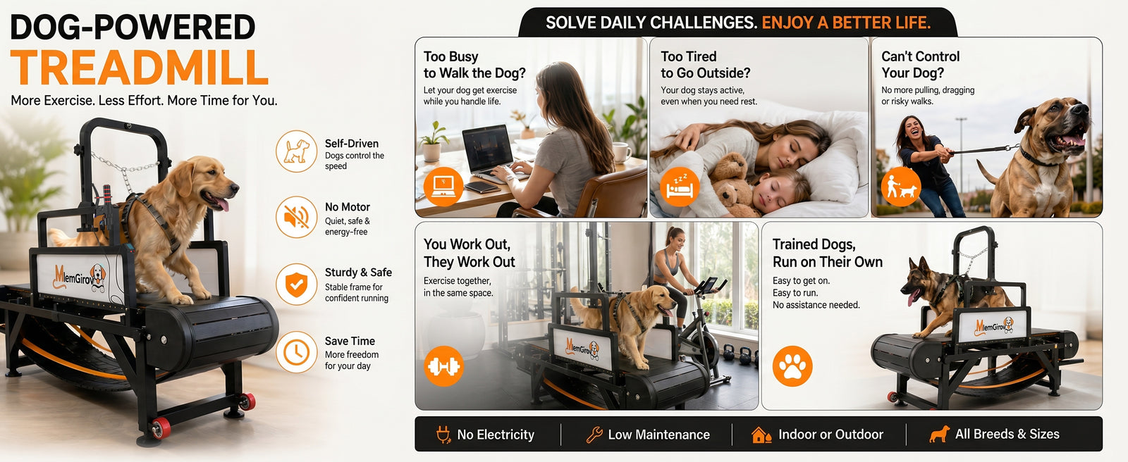 Dog-powered treadmill — self-driven pace control, no motor, sturdy and safe