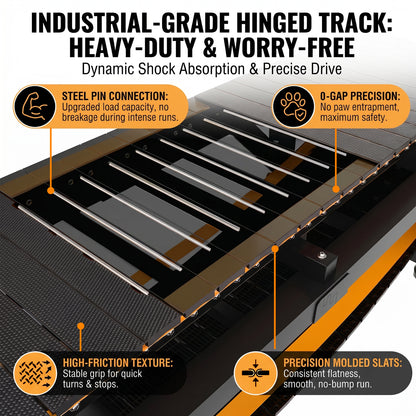 Close-up of the MlemGirove treadmill's industrial-grade steel pin-hinged track with zero-gap precision slats