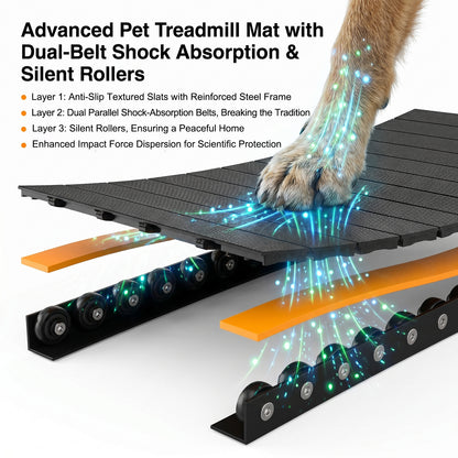 Dog paw resting on the MlemGirove treadmill belt, illustrating the three-layer shock-absorption and silent roller system