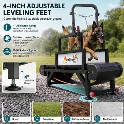 Belgian Malinois running on the MlemGirove dog treadmill outdoors, showing the 4-inch adjustable leveling feet for uneven ground
