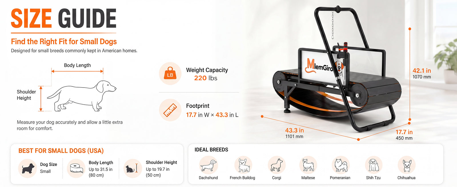 Size guide — designed for small breeds commonly kept in American homes, 220 lb weight capacity