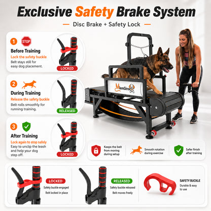 German Shepherd on the MlemGirove treadmill with its owner demonstrating the three-step disc brake safety lock system
