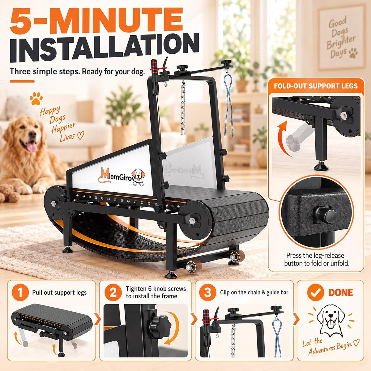 Three-step setup of the MlemGirove Small Dog Slatmill: pull out the support legs, tighten six knob screws, clip on the chain and guide bar
