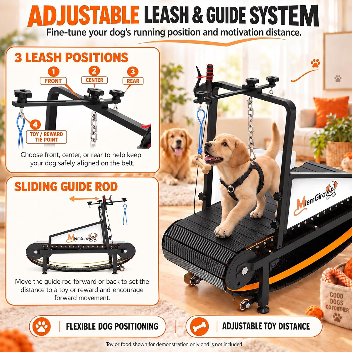 Diagram of the adjustable leash and guide system with front, center, and rear leash positions and a sliding guide rod