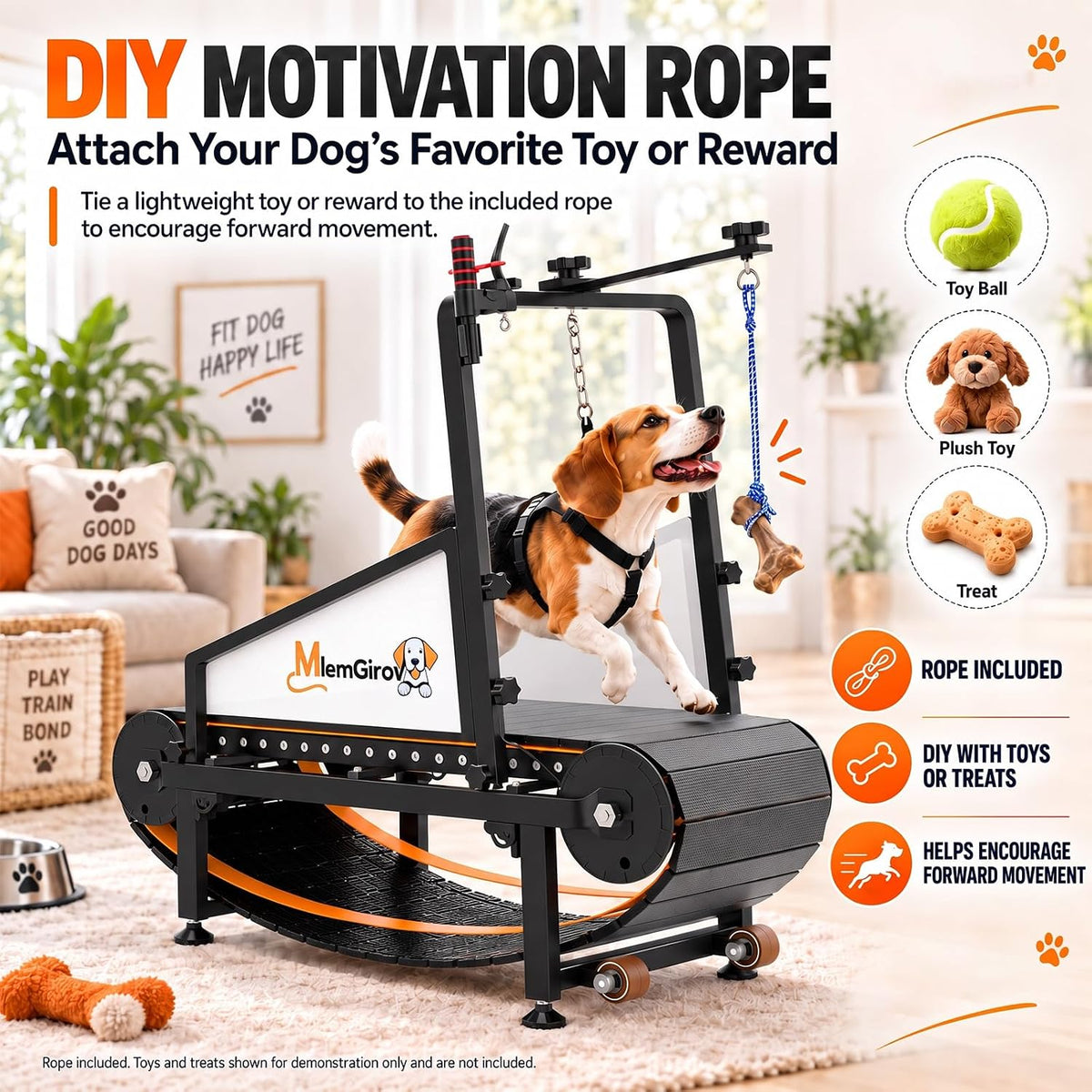 MlemGirove Small Dog Slatmill with the included motivation rope tied to the guide bar for a toy or treat