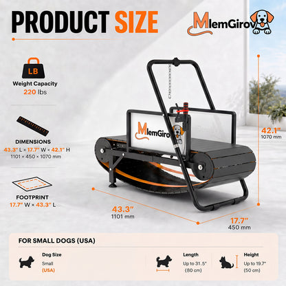 Product size diagram for the MlemGirove Small Dog Slatmill: 43.3 by 17.7 by 42.1 inches, 220 lb weight capacity
