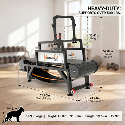 MlemGirove Large dog treadmill dimensions diagram: 74.8 by 24.41 by 57.87 inches, supports over 500 lbs