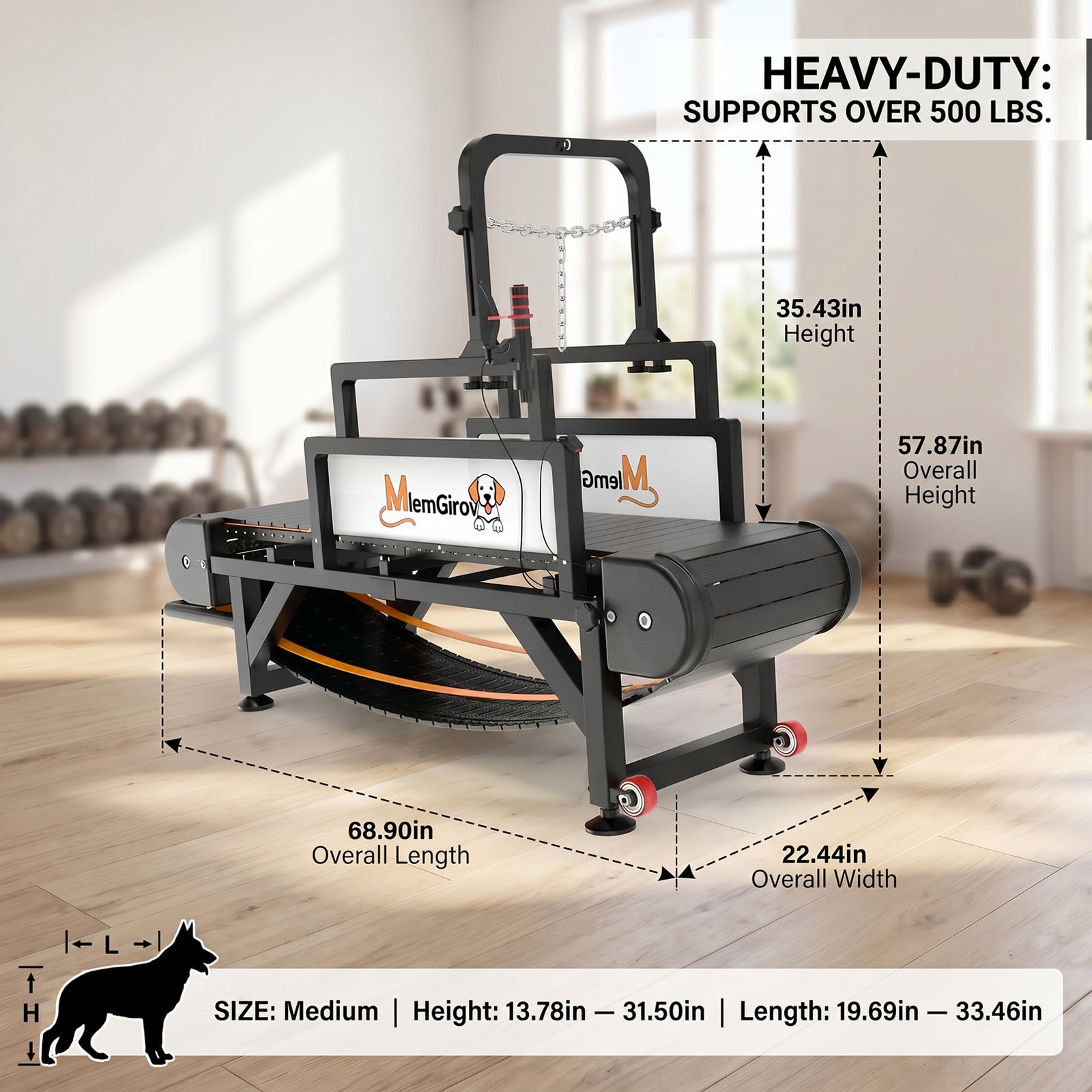 MlemGirove Dog Treadmill for Medium Large Dogs, Indoor Outdoor Pet Slatmill with Speed Distance Monitor, Disc Brake Lock System, Pin-Hinged Track and Transport Wheels