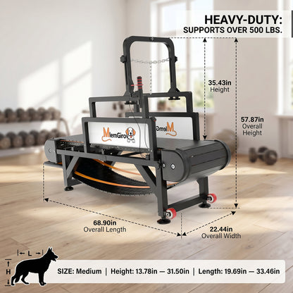 MlemGirove Medium dog treadmill dimensions diagram: 68.9 by 22.44 by 57.87 inches, supports over 500 lbs